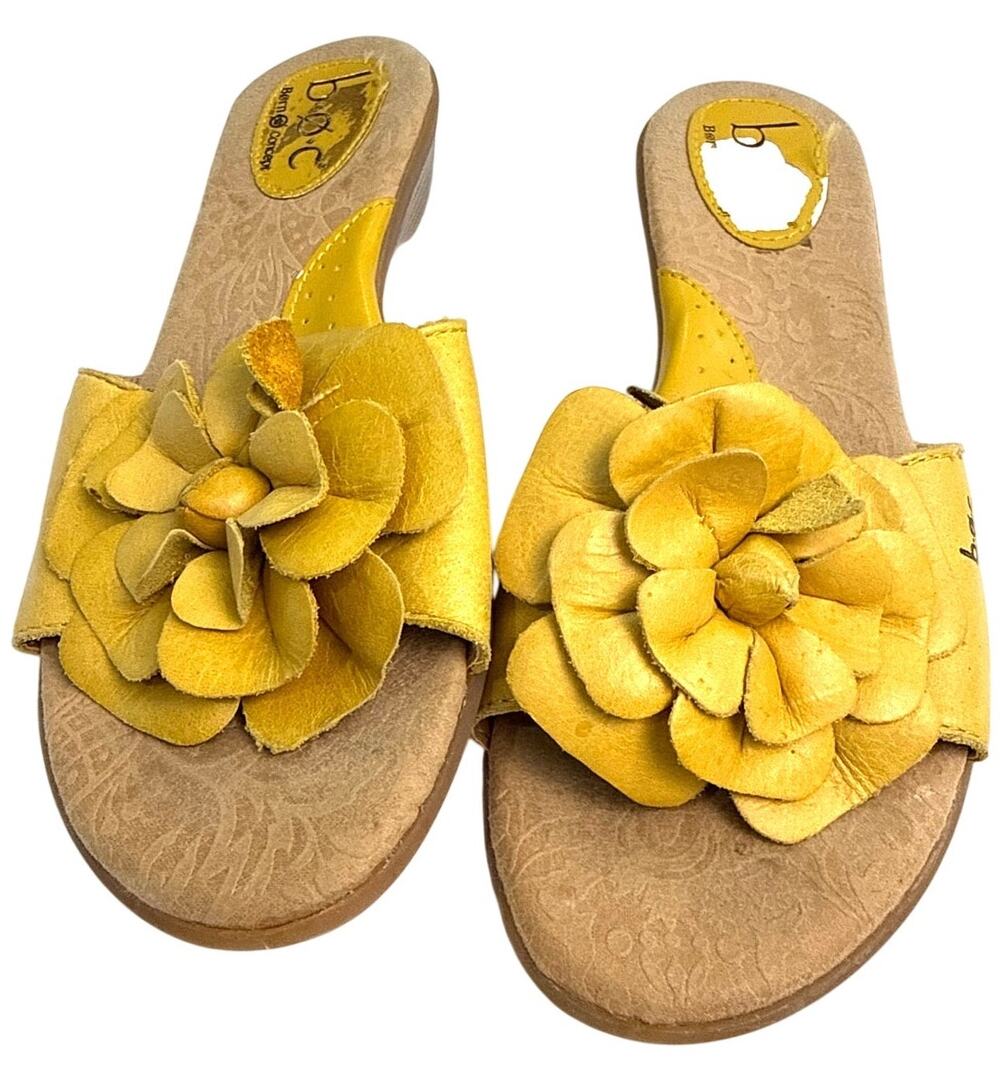 Born Zinnia Yellow Leather Flower Slide Sandals Women 8 Floral Boho Comfort BOC